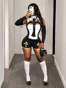 BamGleam 新款秋季女士万圣节角色扮演服装——哥特十字架印花，可拆卸袖套和高领紧身性感连体衣，完美适用于万圣节、派对、俱乐部和音乐节。 - 黑色 - 查看 1