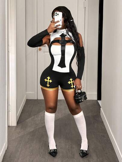 BamGleam 新款秋季女士万圣节角色扮演服装——哥特十字架印花，可拆卸袖套和高领紧身性感连体衣，完美适用于万圣节、派对、俱乐部和音乐节。