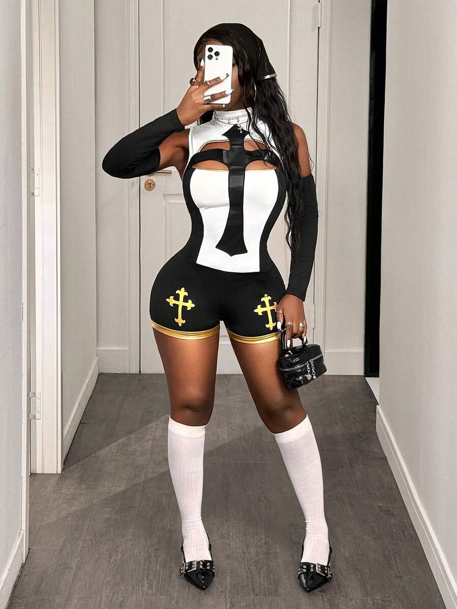 BamGleam 新款秋季女士万圣节角色扮演服装——哥特十字架印花，可拆卸袖套和高领紧身性感连体衣，完美适用于万圣节、派对、俱乐部和音乐节。 - 黑色 - 查看 1