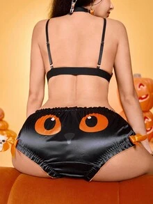 Culotte courte taille haute avec nœud, volants et blocs de couleurs en satin, motif de chauve-souris, pour femmes - Noir - Voir 1