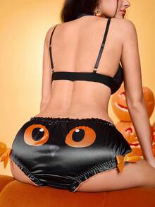 Culotte courte taille haute avec nœud, volants et blocs de couleurs en satin, motif de chauve-souris, pour femmes - Noir - Voir 4