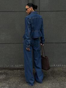 DAZY Women's Blue Regular Shoulder Long Sleeve Fashion Front Button Denim Suit - Blue - View 2