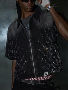 NEON BLANC 男士牛仔短袖编织黑色街头时尚夹克 - 深灰色 - 查看 2