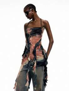 LYSMO 2025 New Arrival Spring-Summer Women's Post-Apocalyptic Style Vintage Distressed Tie-Dye Ruffled Asymmetrical Long Slim Halter Neck Camisole, Vintage Casual, Post-Apocalyptic Aesthetic - Multicolor - View 5