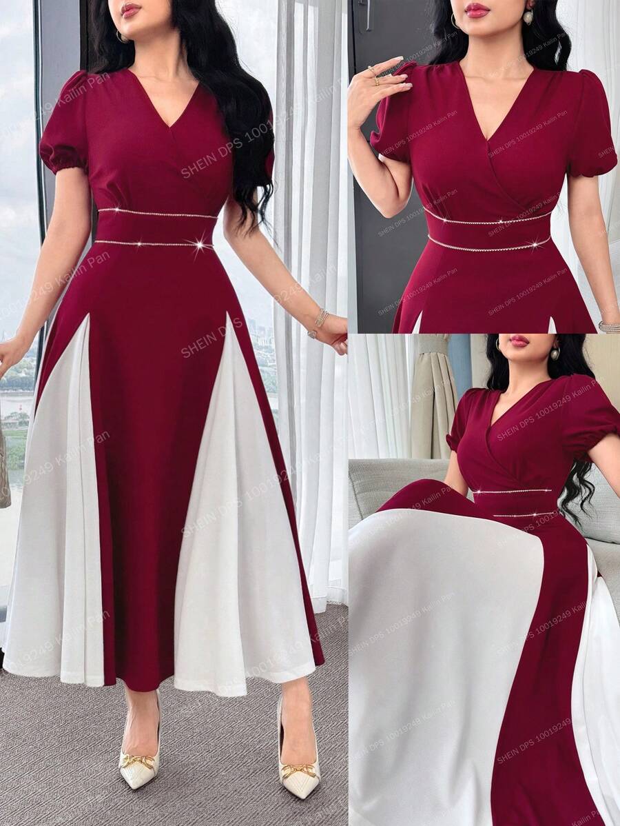 Feyla Women's Elegant Contrast Color V-Neck Ruched Waist Puff Sleeve Dress