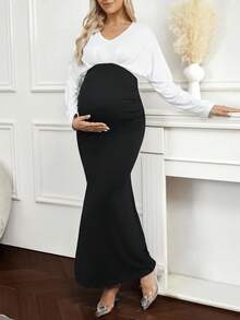 SHEIN 孕妇拼色V领蝙蝠袖鱼尾下摆修身优雅连衣裙 - 黑與白 - 查看 4
