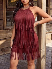 SHEIN LUNE 大码女式西部音乐节嬉皮摇滚流苏装饰吊带波西米亚风度假连衣裙 - 酒紅色 - 查看 3