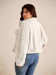 Elaquor 大码女式纯色翻领长袖羊毛休闲夹克，秋冬装，白色夹克，女式白色外套，女式休闲装，女式冬装 - 杏色 - 查看 2