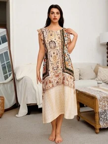SHEIN Women's Plus Size Beige Bohemian Retro Vintage Bamboo Fiber Sleeveless Nightgown,Summer Holiday Loose Fit Floral Print Comfortable Casual Loungewear - Khaki - View 4