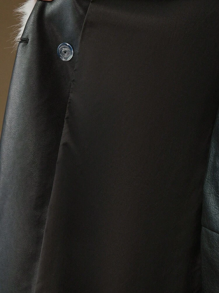 Urban Autumn/Winter Black Mid-Length Faux Leather Jacket With Fluffy White Fur Collar, Long Sleeve Casual Outerwear