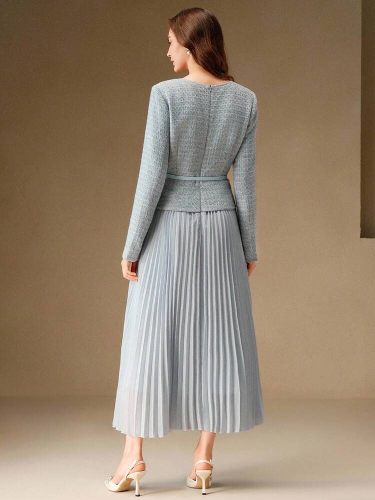Women's Elegant Retro Elegant Hazy Blue Round Neck Tweed Pleated Hem Patchwork Long Dress
