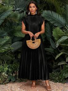 SHEIN Lady 加大码春夏秋冬优雅派对婚礼酒会波西米亚风沙滩褶皱立领编织荷叶边 A 字裙 - 黑色 - 查看 7