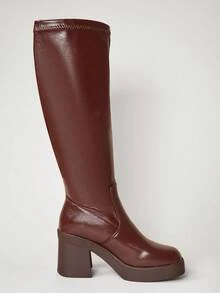 SHUZIA أفضل بيع بوت نسائية بني داكن ذات أصبع مربع أنيق طويلة الساق - مطاطية مريحة مع كعب مرتفع وكتلة للراحة طوال اليوم