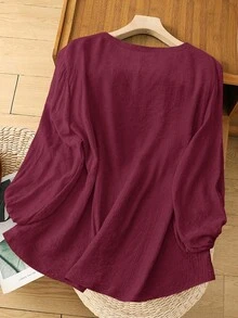 Linhara Plus Size Casual Solid Color Lantern Sleeve Shirt - Burgundy - View 2