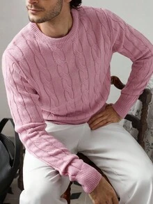 Manfinity Homme 男士休闲麻花针织粉色圆领长袖毛衣，秋季 - 粉色 - 查看 6