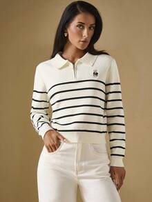 Briarwyn 秋季女士休闲条纹卡通熊图案可追溯棉质长袖拉链部分门襟毛衣，秋季毛衣，女士办公室服装，返校，秋季女装老款风格女士休闲女装 - 米色 - 查看 8