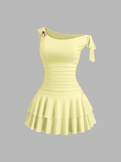 Sweetra Vestido ajustado de verano casual para mujer con cuello asimétrico anudado, volantes en el bajo y pliegues