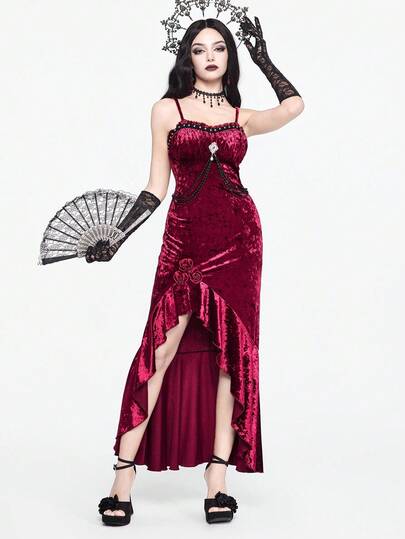 EDITION Sexy Retro Gothic Spaghetti Strap High Slit Velvet Bodycon Fishtail Dress, Halloween