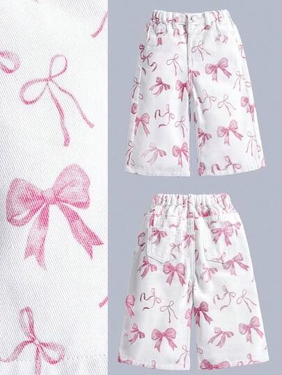 SHEIN 女婴 Y2K 粉色蝴蝶结印花白色牛仔裤，秋季儿童休闲舒适服装