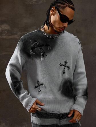 Goth Men's Cross Distressed Crew Neck Casual Sweater