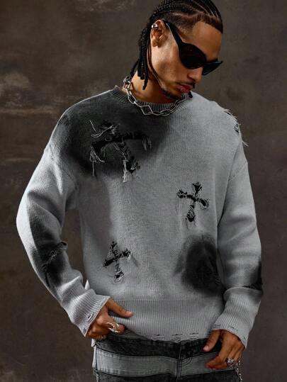 Goth Men's Cross Distressed Crew Neck Casual Sweater