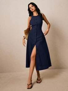 Poéselle Vacation Casual Solid Color Front Button Sleeveless Dress - Navy Blue - View 5