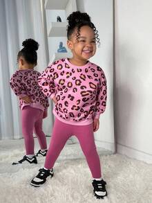 SHEIN 2pcs Baby Girl Casual Knit Leopard Print Sweatshirt & Elastic Waist Pink Pants Set, Autumn/Winter - Pink - View 3