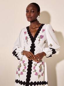 CAJUNI Women's V-Neck Lantern Sleeve Vintage Colorblock Floral Pattern Maxi Dress, Vacation Style