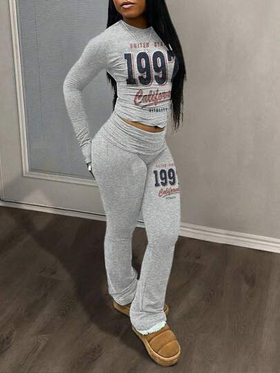 Slaydiva 2025fall Clothes For Women/Winter Clothes For Women/Sets 2 Pieces Women/Flare Jeans/Long Sleeve Tops/Casual Round Simple Collar Long Sleeve Yoga Pants Short Pleated Top Yoga Wide Leg Pants Flared Pants Trousers Women's Two Pieces Suit/Y2k Clothes/Streetwear/Going Out Tops Women/Vintage 1997 Graphic Y2k