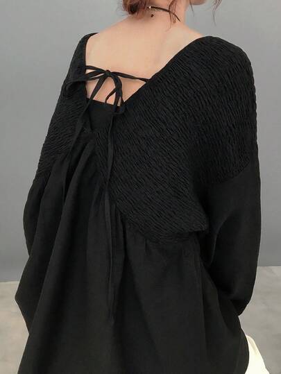 FRIFUL 女式黑色纯色露背抽绳肩袖 A 字下摆宽松休闲百搭衬衫，秋季长袖上衣