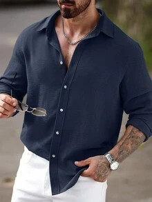 Manfinity CasualCool 男士休闲纯色前扣长袖衬衫，秋季男士夏季海军蓝度假衬衫，秋季 - 寶藍色 - 查看 3