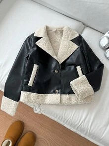 SHEIN 青少年女孩休闲时尚百搭超大领 PU 仿皮毛撞色口袋夹克，适合周末、休闲外出、返校、日常穿着，秋冬时尚女孩 - 黑色 - 查看 4