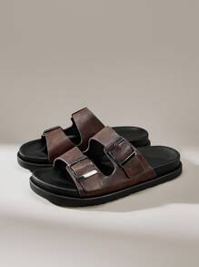 Solecia Retro Leather Flat Double Buckle Slippers For Men, Versatile Beach Wear, New 2025 Summer Collection - Bronze - View 2