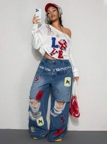 ROMWE Street Life Back To School Plus Size Loose Knit Sweater With UK Flag, Love Jacquard, And Distressed Shoulder Design, Plus Size - White - View 1