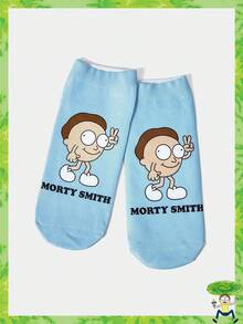 Rick and Morty X SHEIN 1 Pair Funny Letter Cartoon Figure Graphic Blue Ankle Socks - Multicolor - View 1