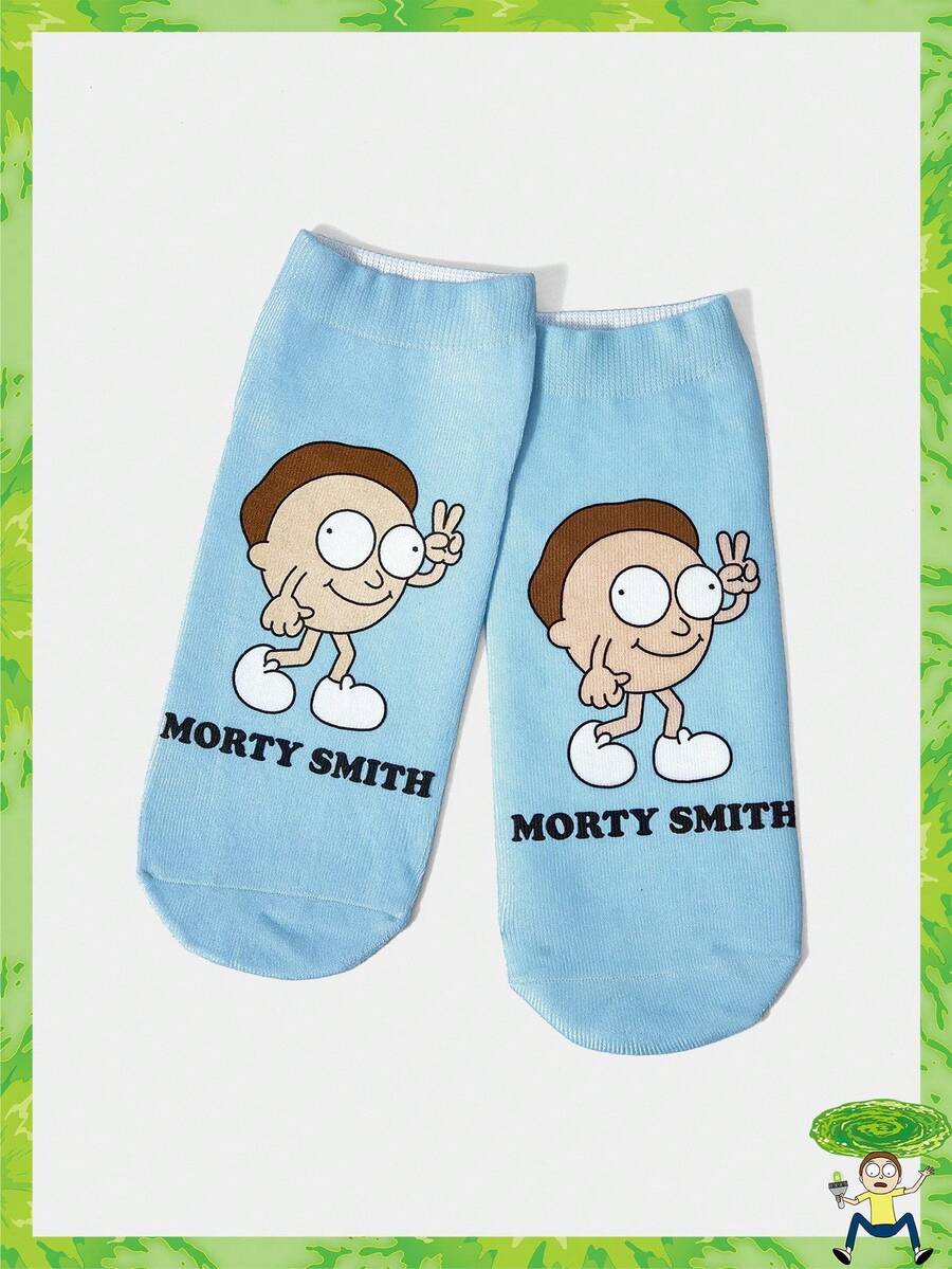 Rick and Morty X SHEIN 1 Pair Funny Letter Cartoon Figure Graphic Blue Ankle Socks - Multicolor - View 1