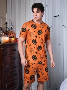 CoupledUp Conjunto de Pijama Casual Masculino com Estampa de Abóbora de Halloween, Manga Curta e Shorts - Laranja - Visão 5