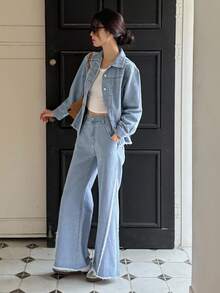 DAZY Women's Denim Collared Long Sleeve Cinched Waist Frayed Hem Cardigan And Flared Frayed Hem Pants 2 Pieces Casual Elegant Denim Set