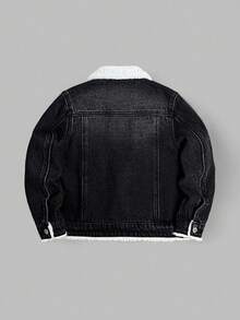 Kurtka chłopięca w kolorze czarnym, dżinsowym, patchworkowym, z kołnierzem z białego polaru, z długim rękawem i krótkim rękawem