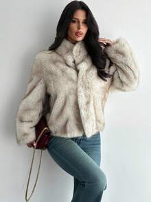 Firerie 女士休闲时尚高领宽松人造毛皮夹克，冬季 - 棕色 - 查看 7