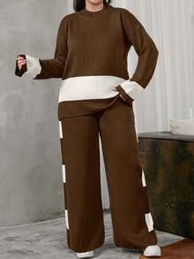 EURMUSE Women's Color Block Knitted Sweater Two Pieces Set - Brown - View 1