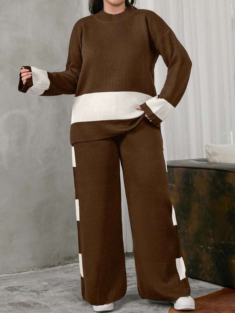 EURMUSE Women's Color Block Knitted Sweater Two Pieces Set - Brown - View 1