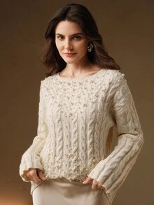 Anewsta Women's Autumn High-End White Beaded Sweater, Loose Mid-Length Knitted Cable Knit Pullover Top, Suitable For Winter - Beige - View 5