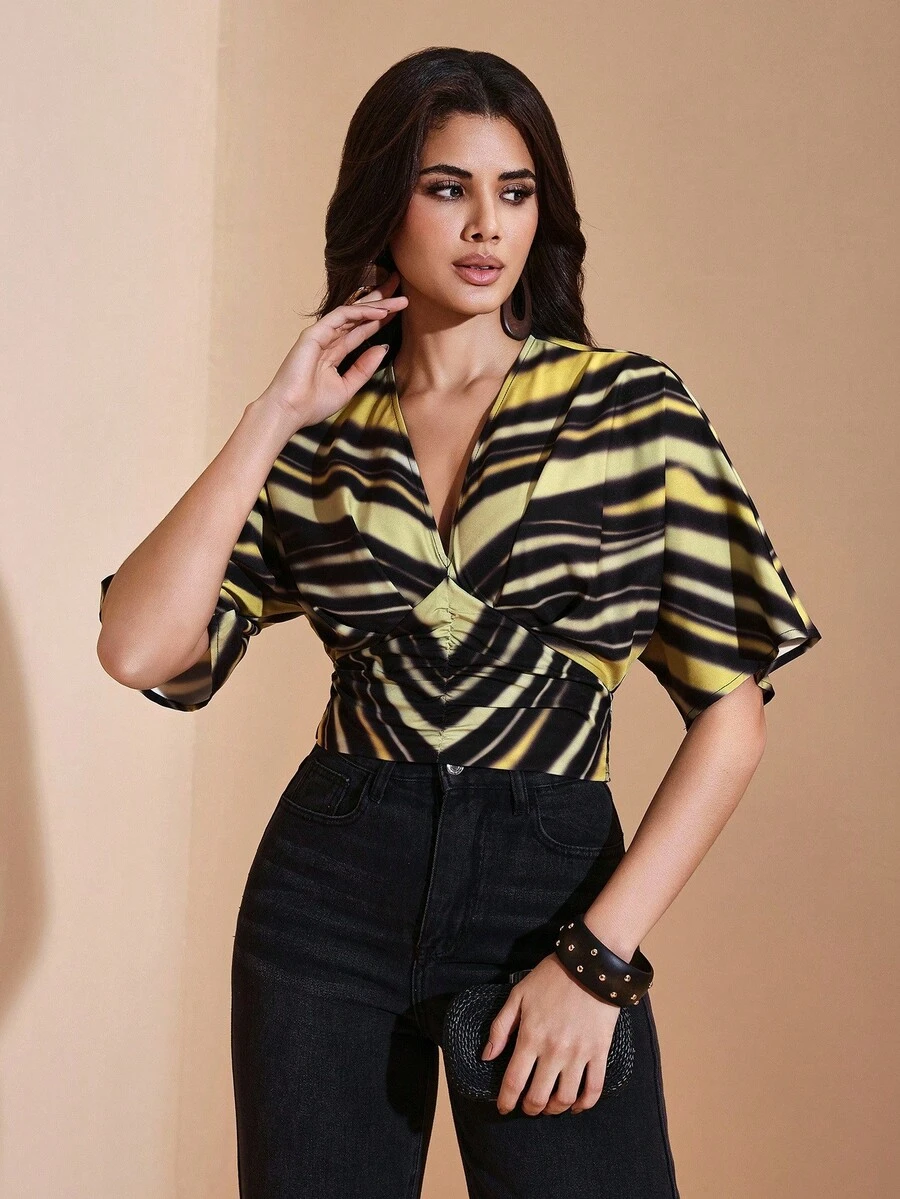 JIAN LASALA Striped Print V-Neck Batwing Sleeve Ruched Waist Women Top Autumn Casual Wear Fall For Women Going Out Party Top New Year Wedding Guest Luxury - Multicolor - View 1