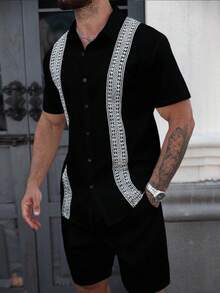 Manfinity Homme Camisa casual de hombre con ribete de encaje de color contrastante, verano - Negro - Ver 4