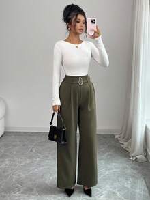 Selianne Women's Elegant Olive Green Wide Leg Pants,Autumn Office Wear Solid Color Button Waist Casual Trousers,Spring/Summer/Winter Daily Commute Party Wear - Army Green - View 5