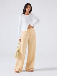 LYSMO Pantalones de punto de pierna ancha de unicolor versátil y casual para mujer - Amarillo - Ver 6