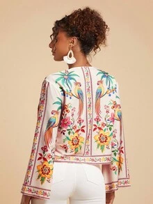 Travachic Áo sơ mi dài tay thường ngày in họa tiết hoa và vẹt buộc phía trước dành cho nữ, phong cách Boho nhiệt đới thường ngày dành cho nữ, mùa thu dành cho nữ, mùa thu sang trọng, đi chơi, thanh lịch, phong cách đồng quê dành cho nữ - Hồng - Xem 2