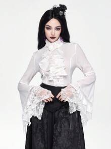 ROMWE EDITION Gothic Dark Style Lace Bell Sleeve Hem Women Blouse, Suitable For Halloween