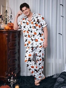 CoupledUp Halloween Pumpkin, Ghost, Magic Cat Print Casual Men Polo Collar Pajama Set - White - View 7